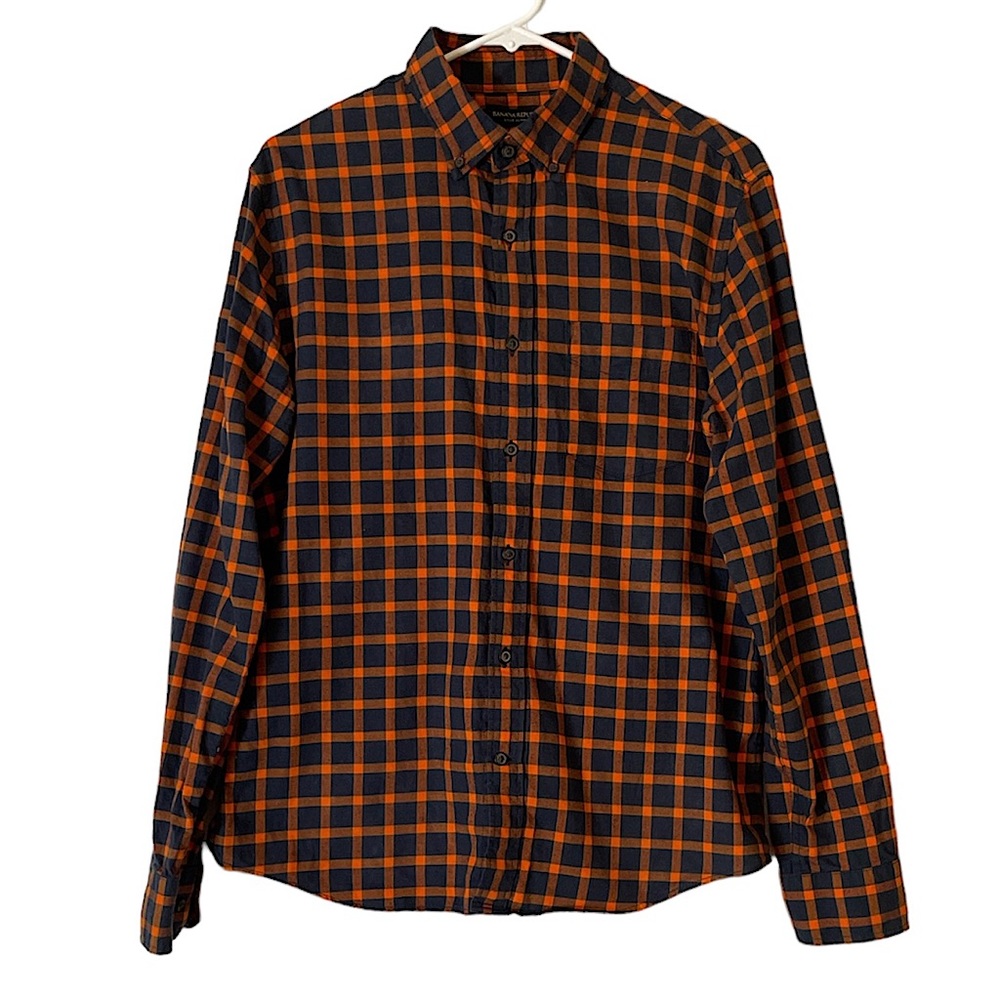 Banana Republic Untucked Slim Fit Orange and Navy Flannel Men’s Medium